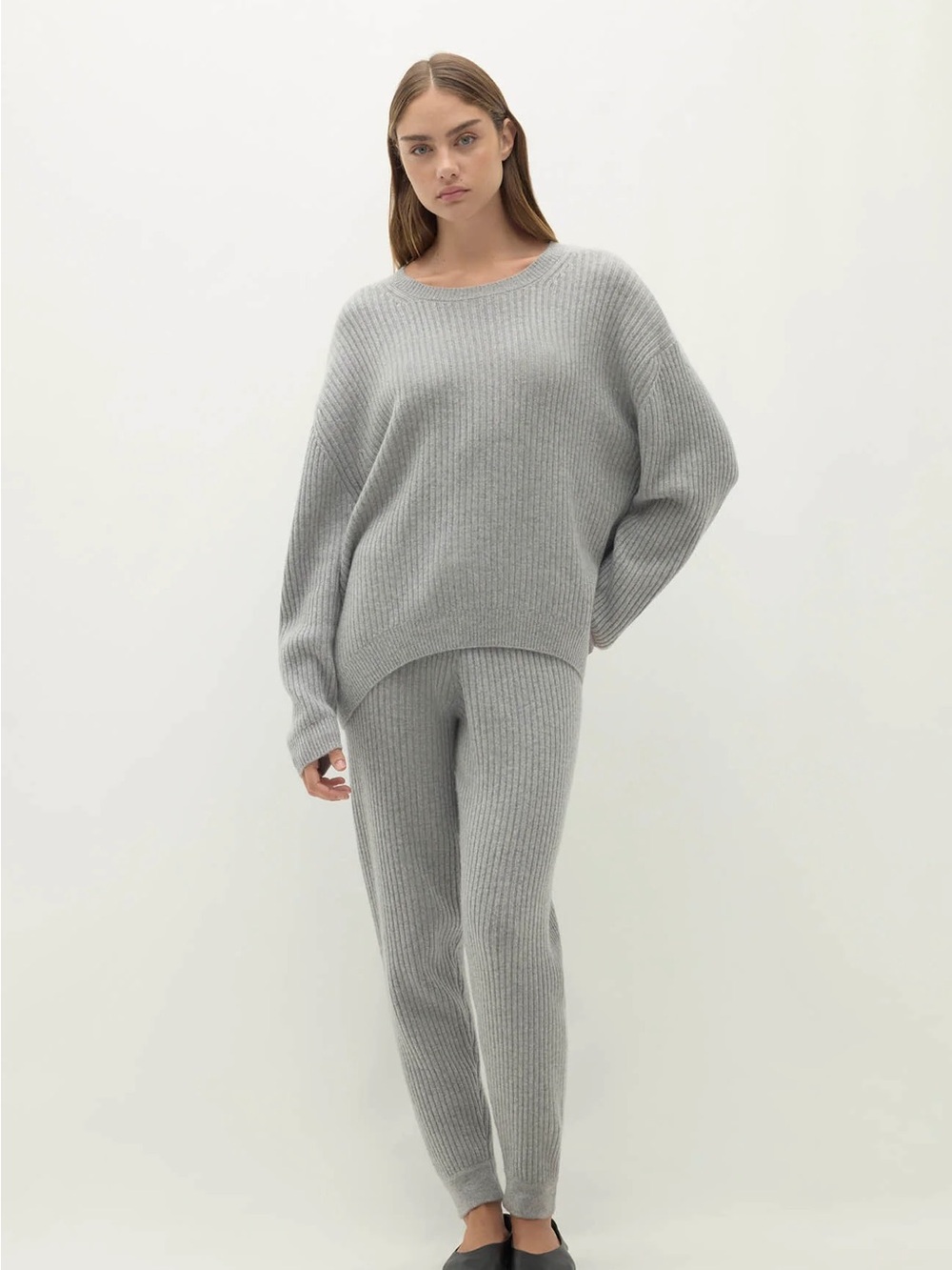 NakedCashmere Ribbed Knit Sweatpant pant and pullover in heather grey